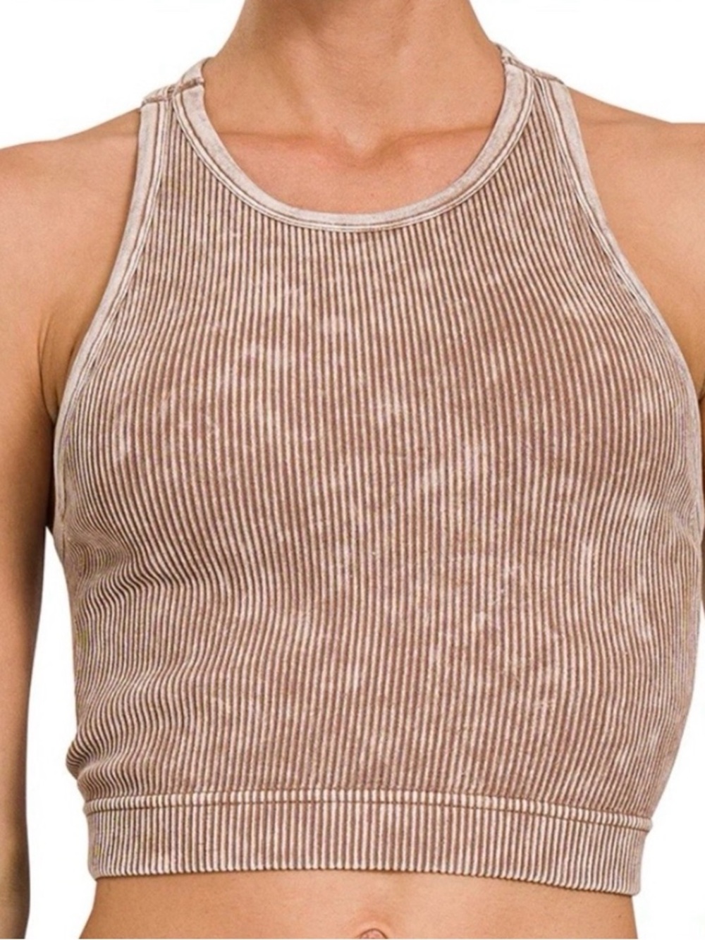 Zenana Outfitters Ribbed Cropped Tank in Taupe Beige